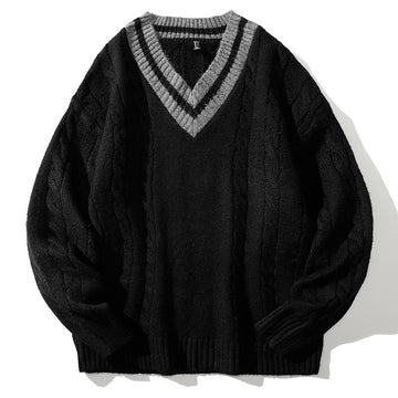 Mens Winter Knitted Sweaters Oversized Male Black Pullover V Neck Jumpers Men's Vintage Striped Knitwear Men Clothing
